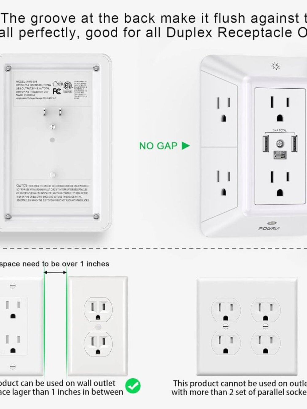 POWRUI Multi‑Plug Outlet (USB + Night Light) - Picture 2 of 3